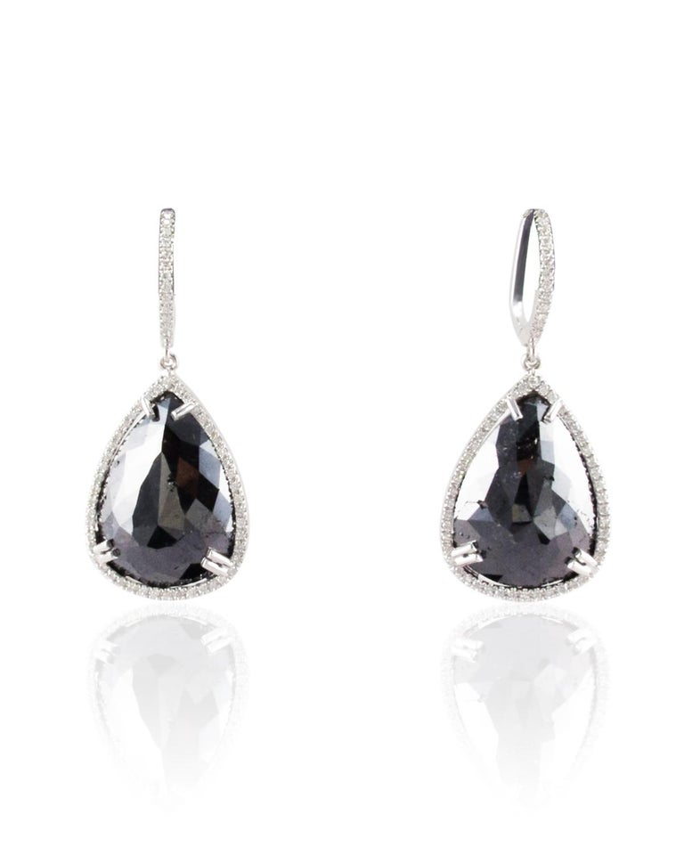 18 42 Carat Total Pear Shaped Black Diamond Dangle Earrings In 14 K White Gold 18 42 Carat Total Pear Shaped Black Diamond Dangle Earrings In 14 K White Gold