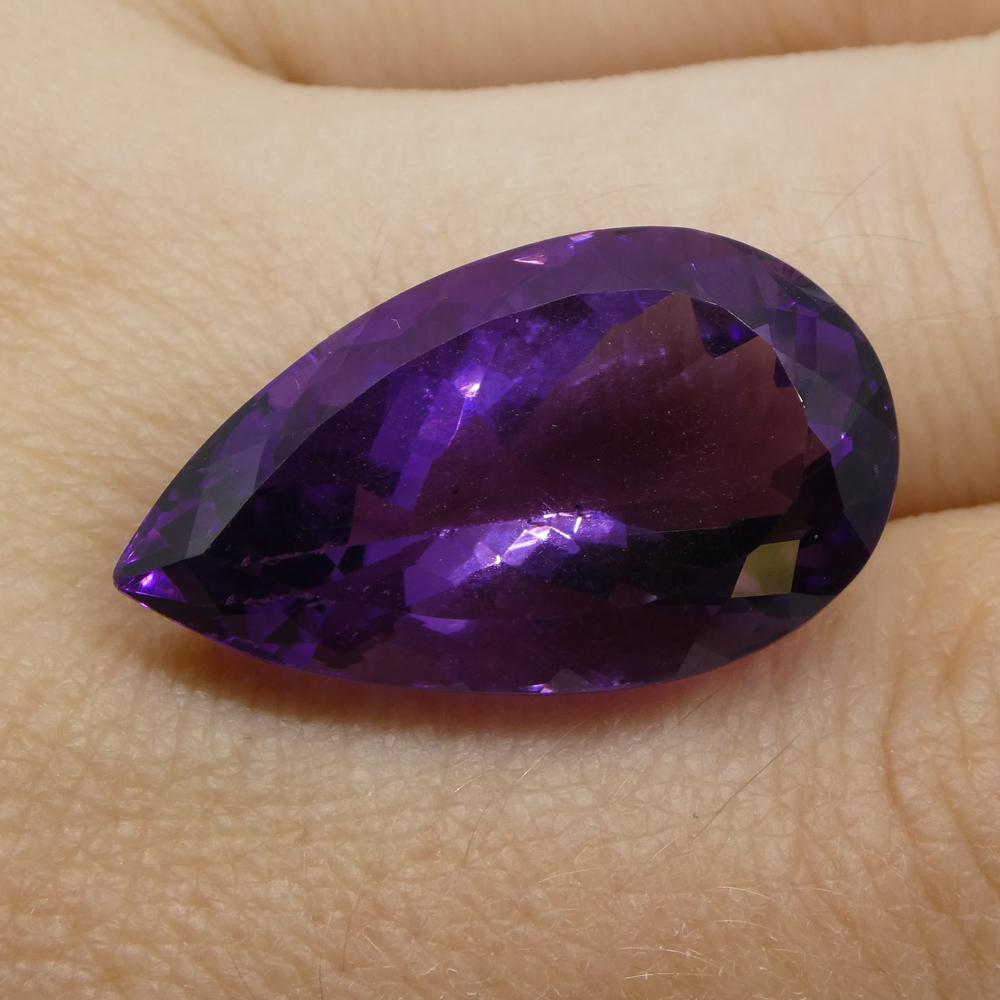 Description:

Gem Type: Amethyst
Number of Stones: 1
Weight: 18.42 cts
Measurements: 20.30x13.9x10.3 mm
Shape: Pear
Cutting Style Crown: Modified Brilliant
Cutting Style Pavilion: Modified Brilliant
Transparency: Transparent
Clarity: Very Slightly