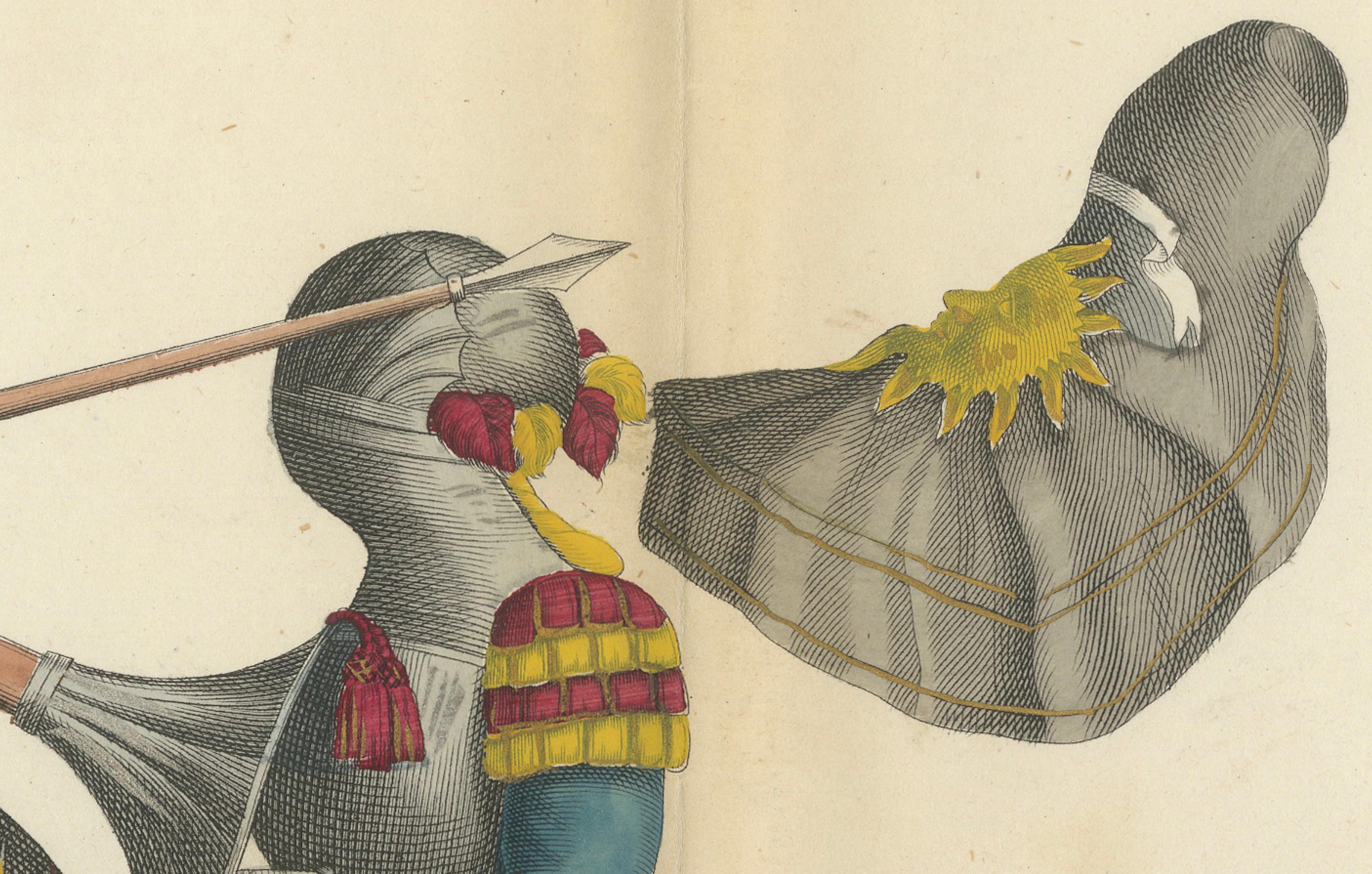 Handkolorierte Lithographie aus dem 19. Jahrhundert: Zwei Ritter kämpfen in leuchtenden heraldischen Farben

Diese beeindruckende handkolorierte Lithografie aus dem Jahr 1842 zeigt einen spannenden Moment eines mittelalterlichen Ritterturniers. Sie