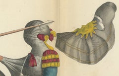 1842 Hand-Coloured Lithograph: Two Knights Jousting in Vibrant Heraldic Colours
