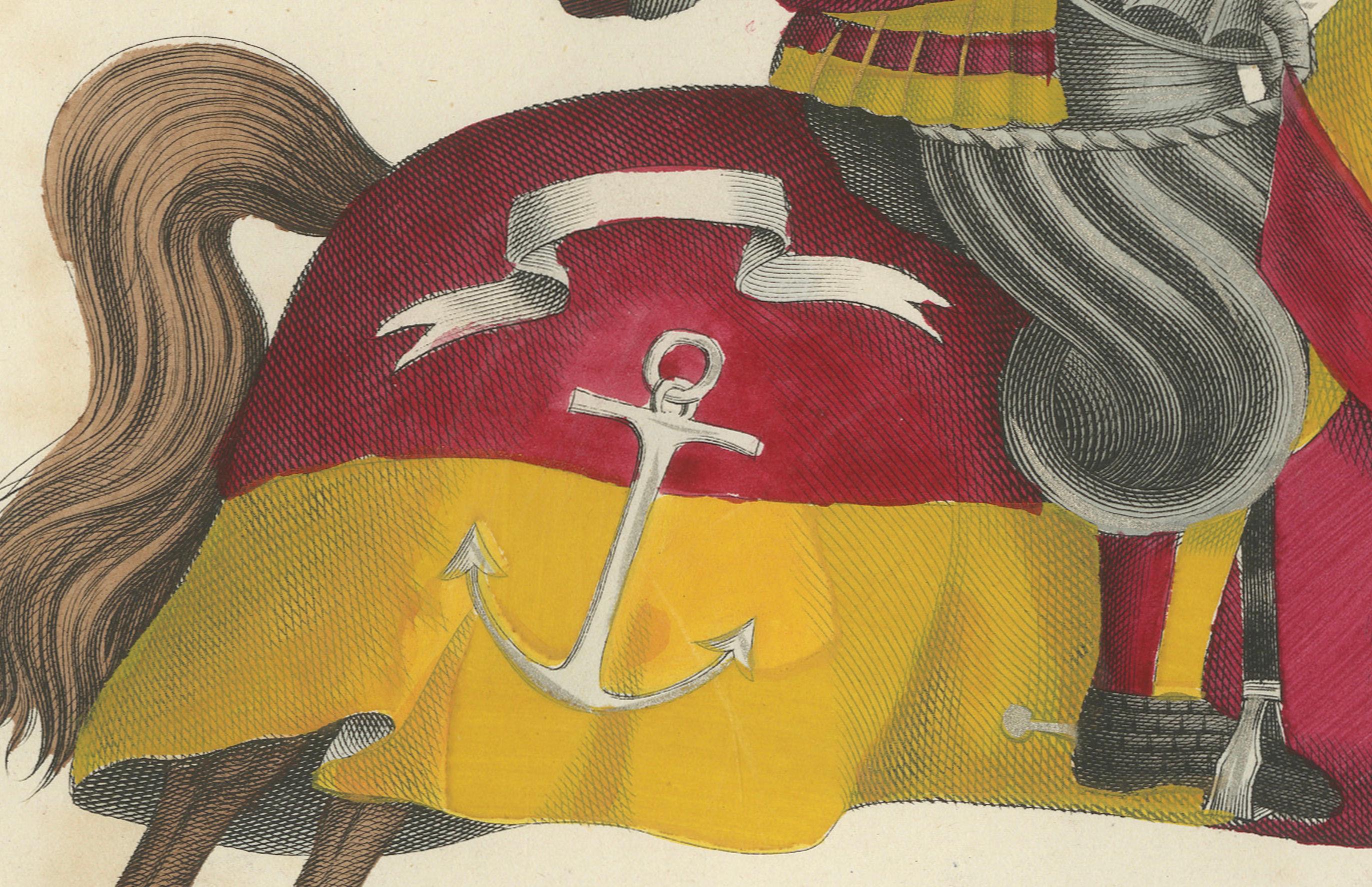 Handkolorierte Lithographie von 1842: Zwei Ritter in lebhaften heraldischen Farben im Zustand „Gut“ im Angebot in Langweer, NL