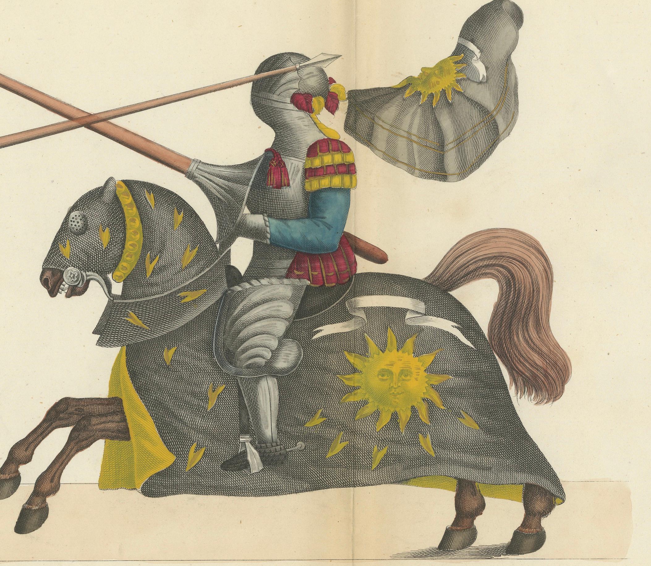 Handkolorierte Lithographie von 1842: Zwei Ritter in lebhaften heraldischen Farben (Papier) im Angebot