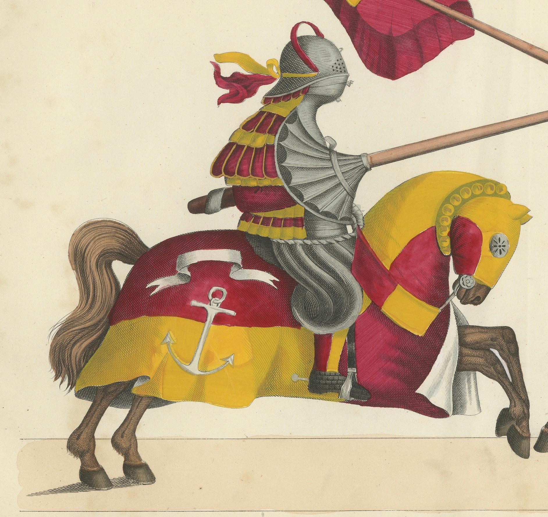 Handkolorierte Lithographie von 1842: Zwei Ritter in lebhaften heraldischen Farben im Angebot 1