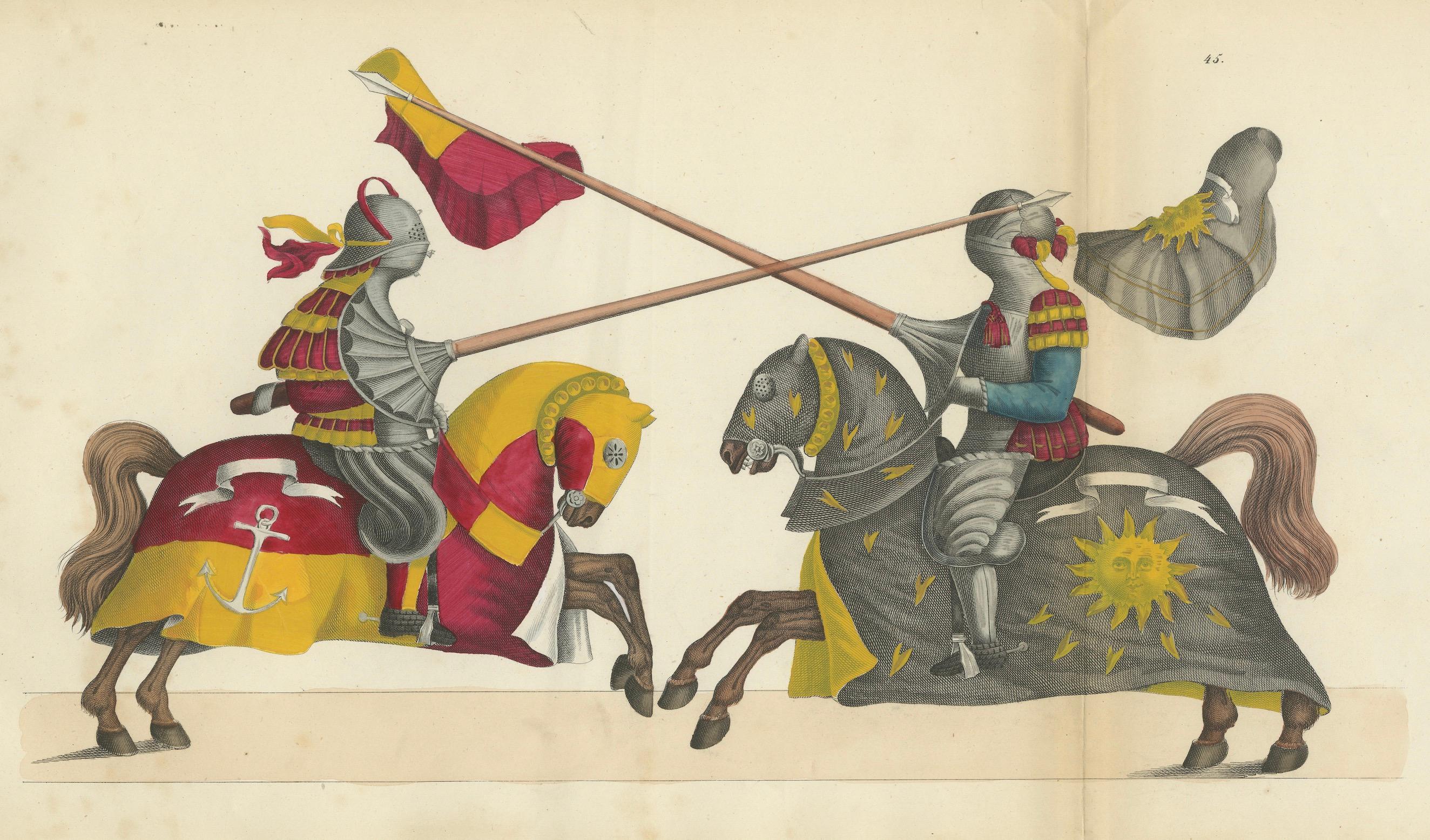 Handkolorierte Lithographie von 1842: Zwei Ritter in lebhaften heraldischen Farben im Angebot 2