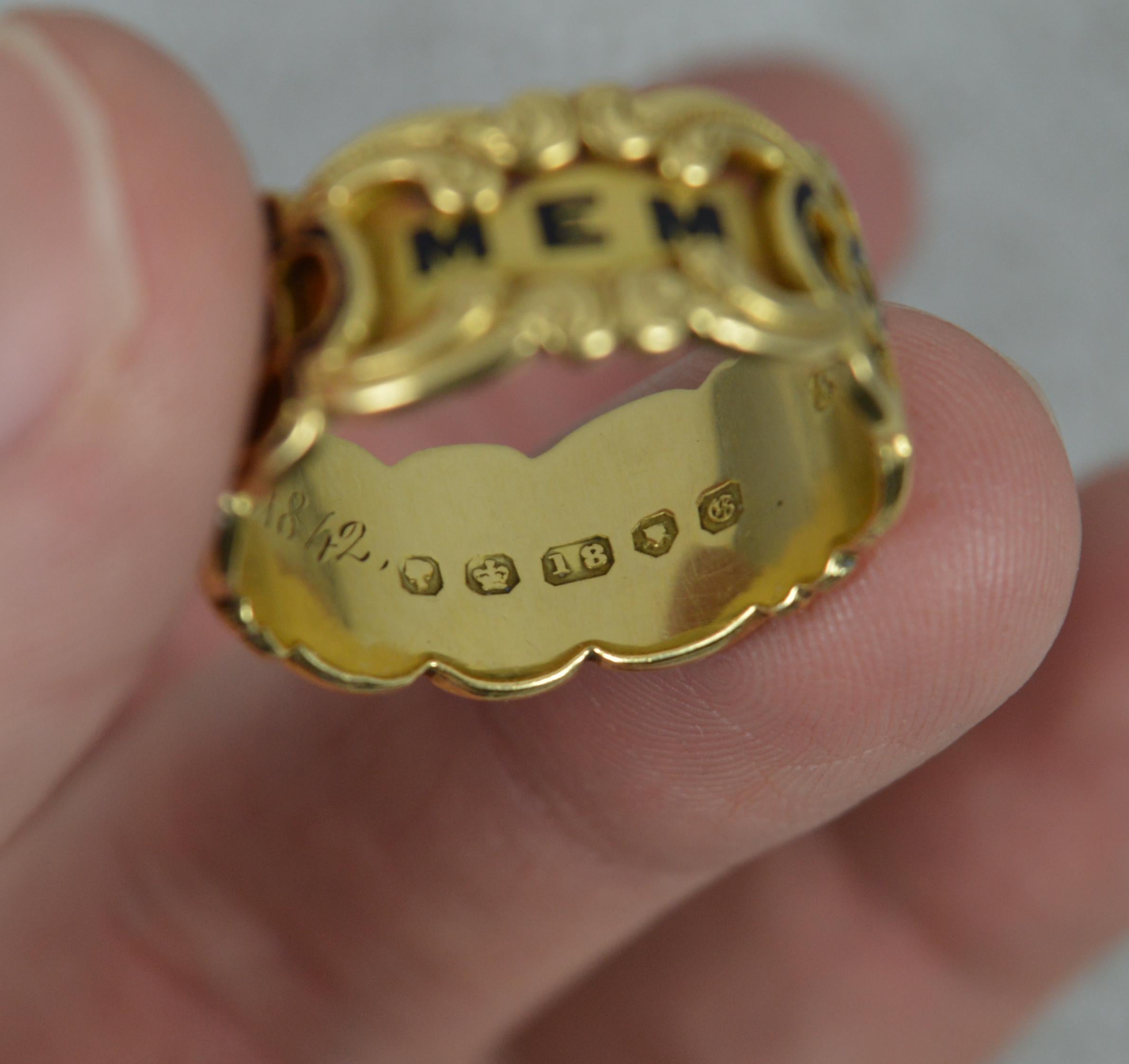 1842 Victorian 18 Carat Gold Enamel In Memory of Mourning Band Ring In Excellent Condition In St Helens, GB