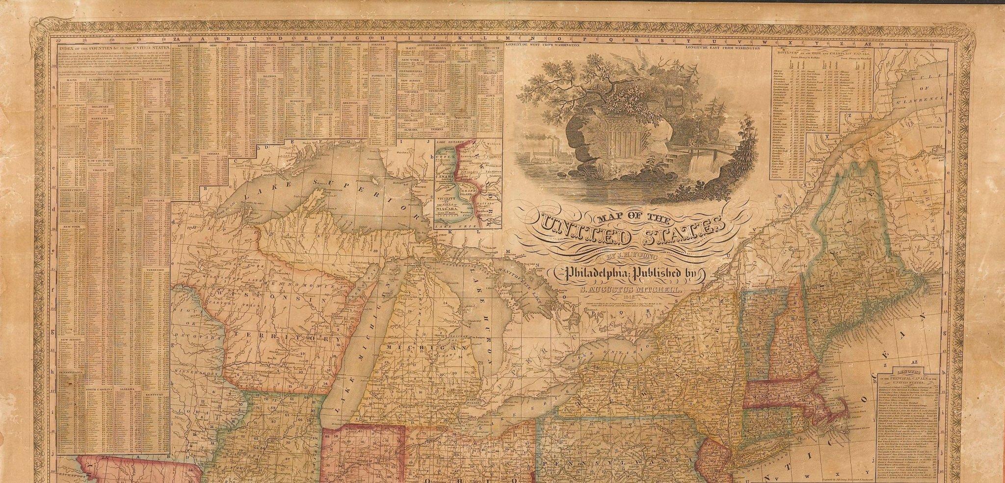 Mapa mural de 1842 de los Estados Unidos por J. H. Young, publicado por S. A. Mitchell Papel en venta