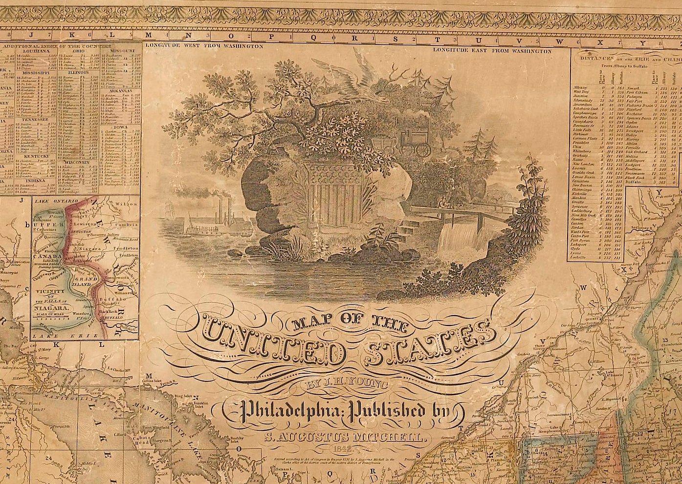 Mapa mural de 1842 de los Estados Unidos por J. H. Young, publicado por S. A. Mitchell en venta 1