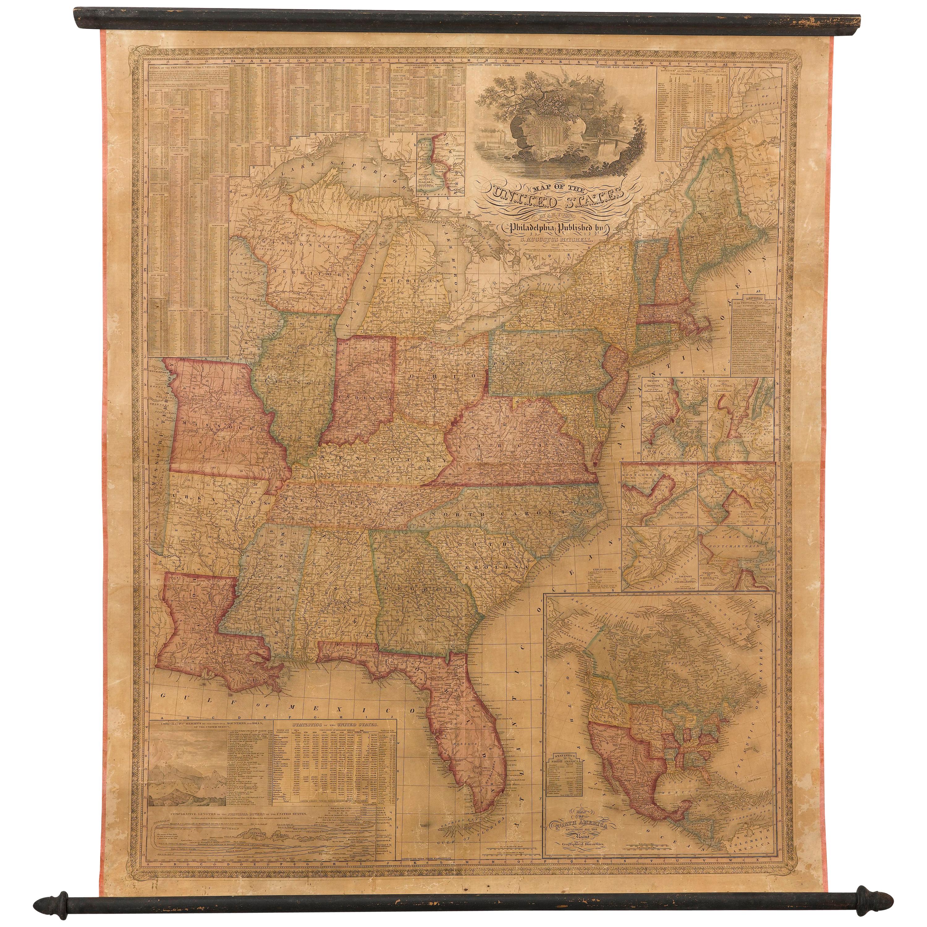 1842 Wall Map of the United States by J. H. Young, Published by S. A. Mitchell For Sale