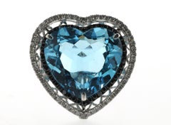 18.42Carat Blue Topaz Heart Cut Diamond Cocktail Ring in 18 Karat White Gold