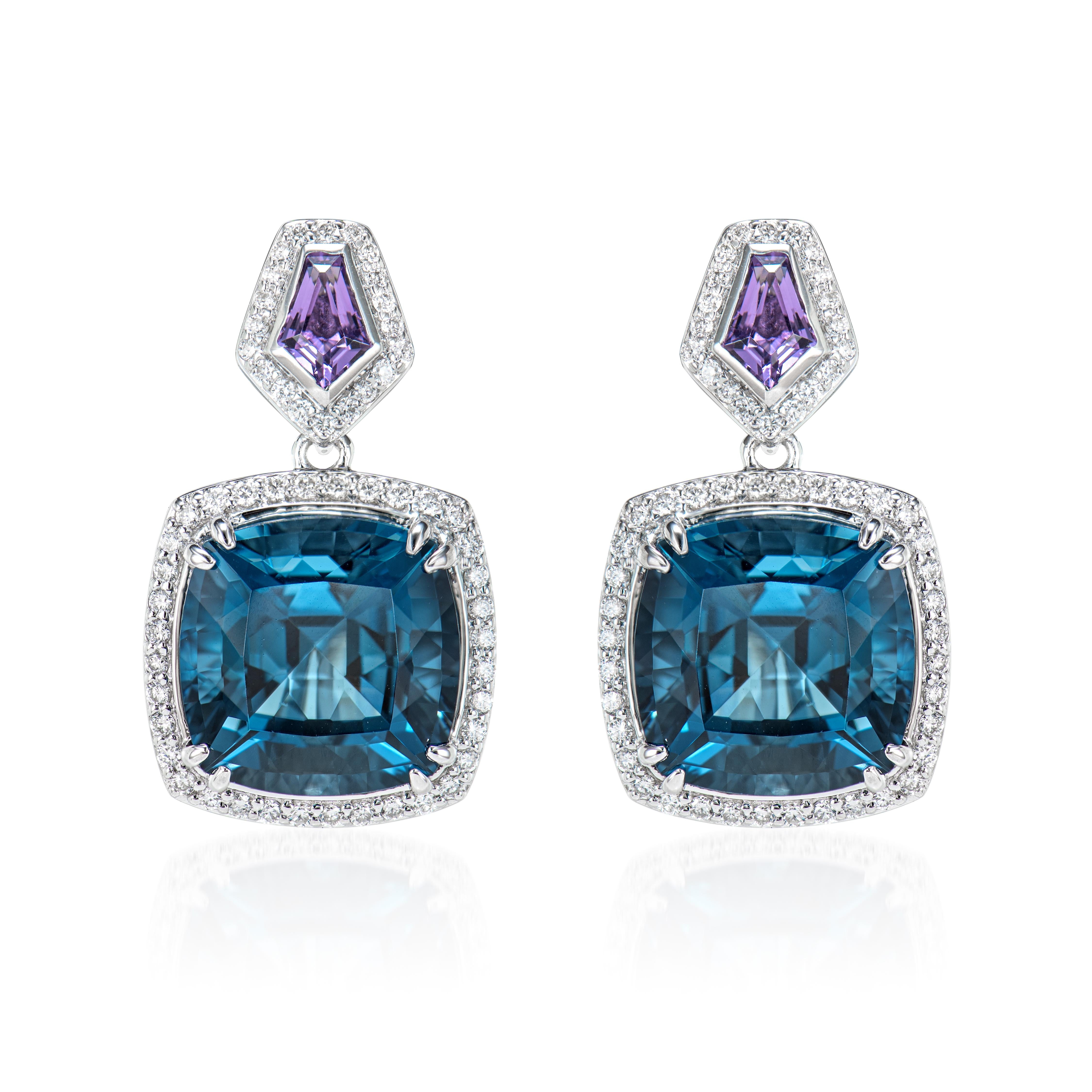 Contemporary 18.43 Carat London Blue Topaz Drop Earrings in 18KWG with Amethyst and Diamond. For Sale