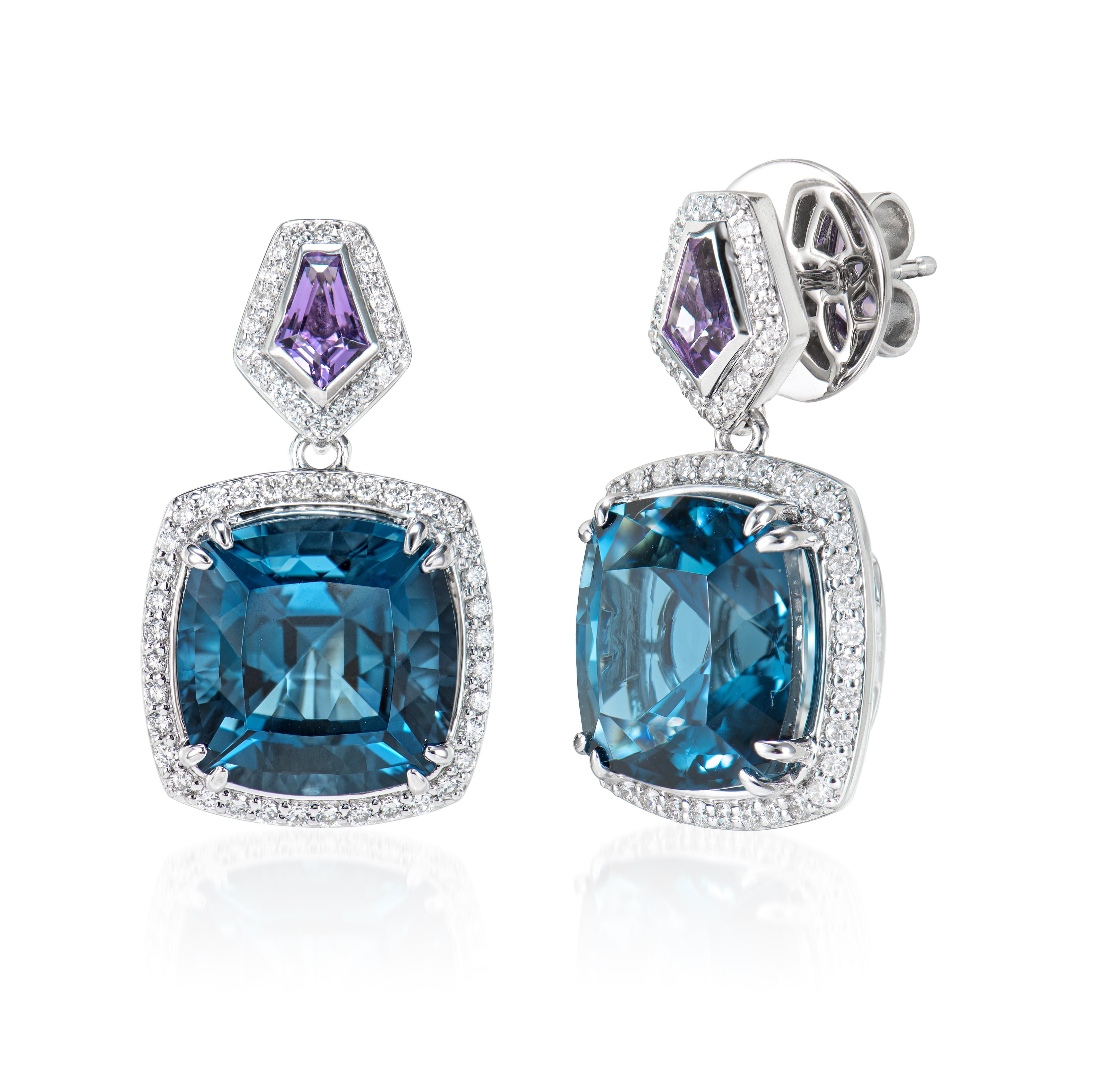 Cushion Cut 18.43 Carat London Blue Topaz Drop Earrings in 18KWG with Amethyst and Diamond. For Sale