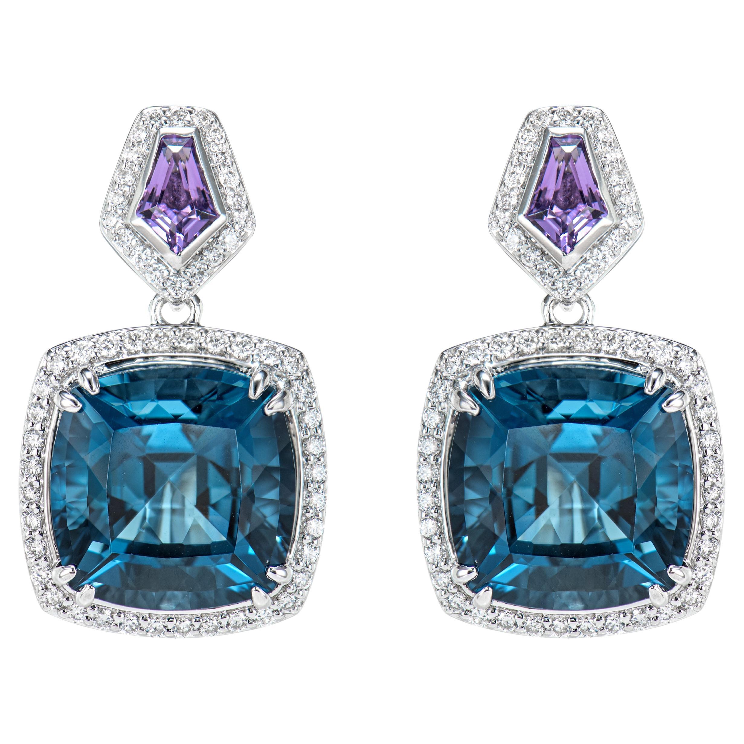 18.43 Carat London Blue Topaz Drop Earrings in 18KWG with Amethyst and Diamond. For Sale