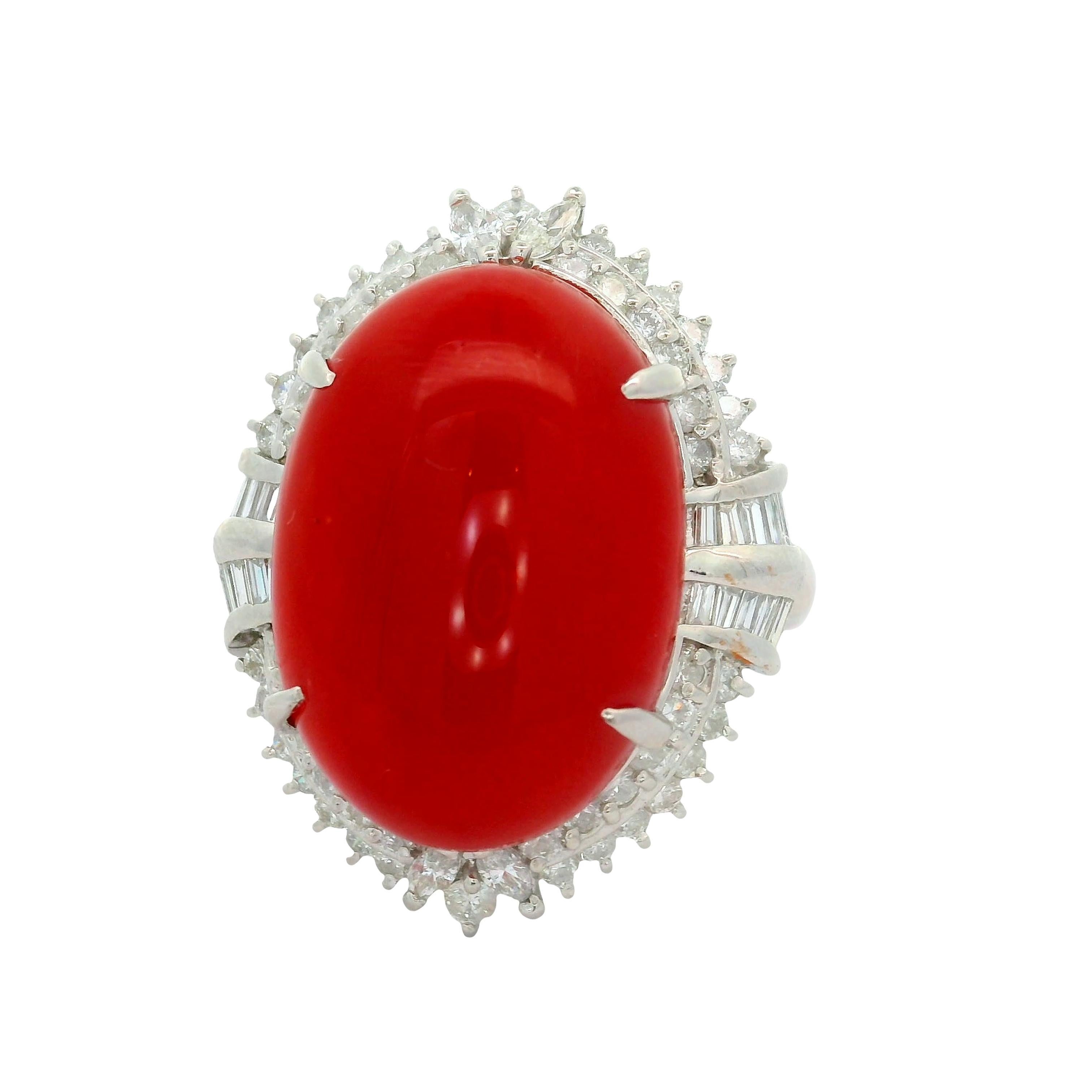 Contemporary 18.43 Carat Ox-Blood Coral Diamond Platinum Cocktail Ring For Sale