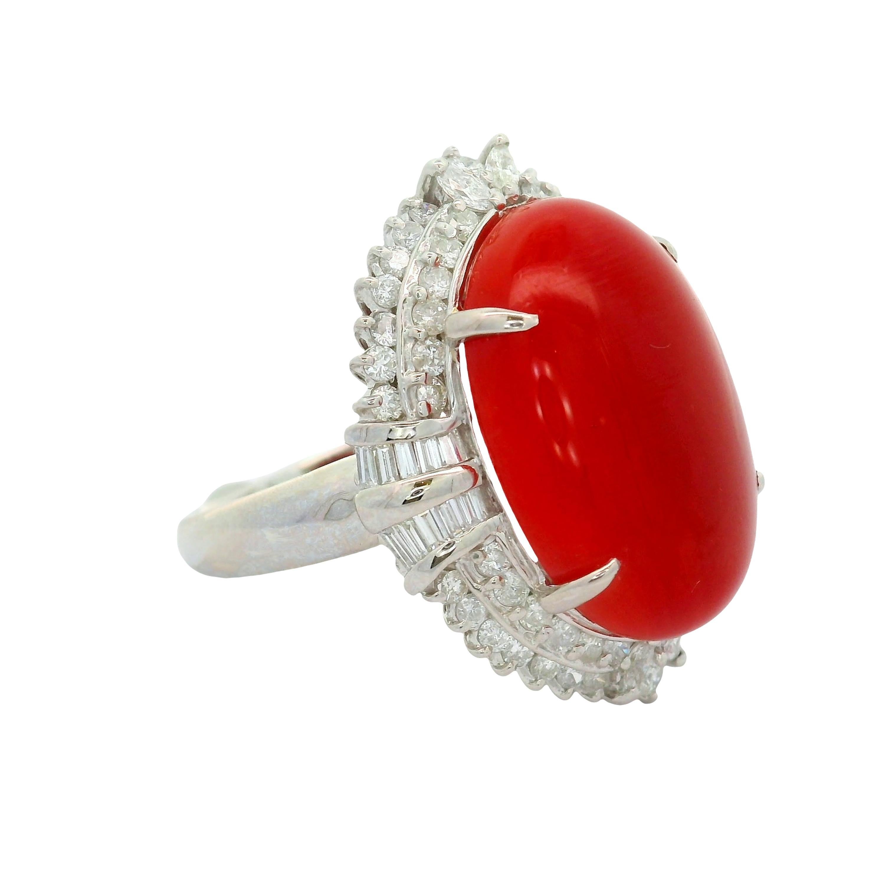 Cabochon 18.43 Carat Ox-Blood Coral Diamond Platinum Cocktail Ring For Sale