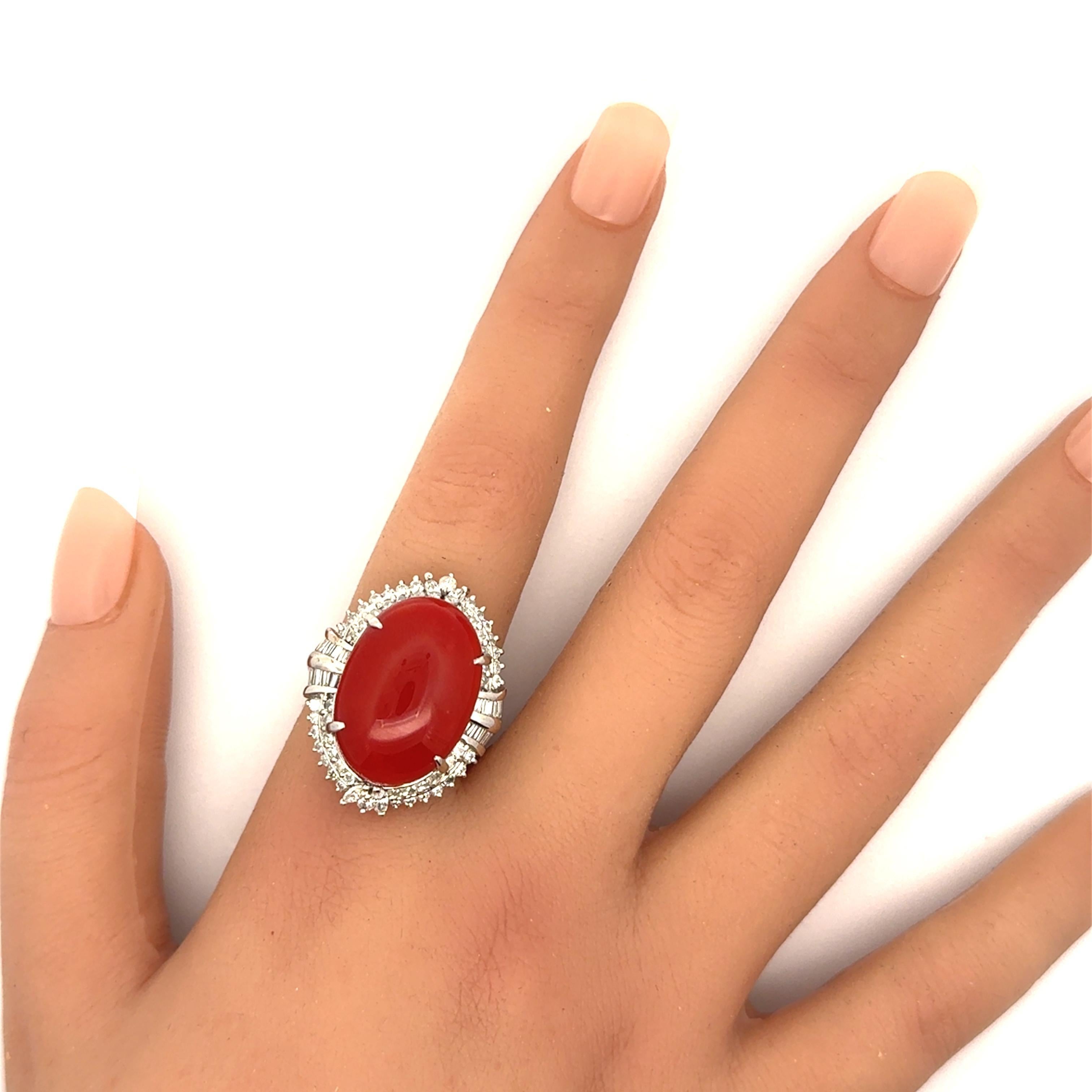 Women's 18.43 Carat Ox-Blood Coral Diamond Platinum Cocktail Ring For Sale