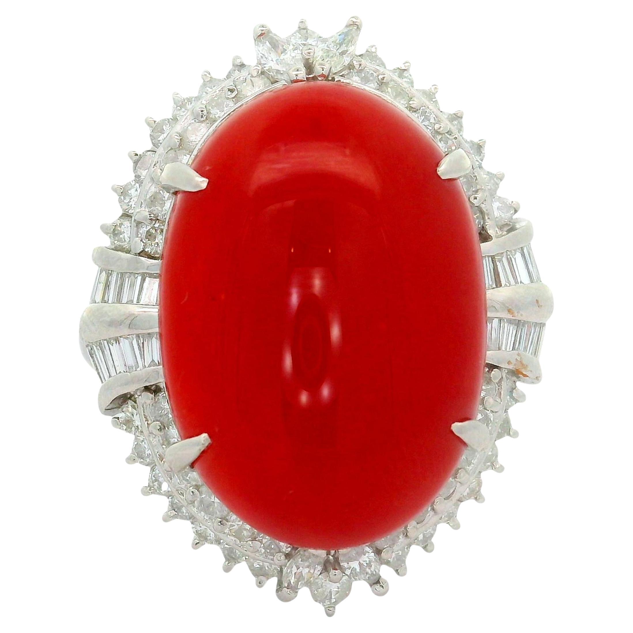 18.43 Carat Ox-Blood Coral Diamond Platinum Cocktail Ring For Sale