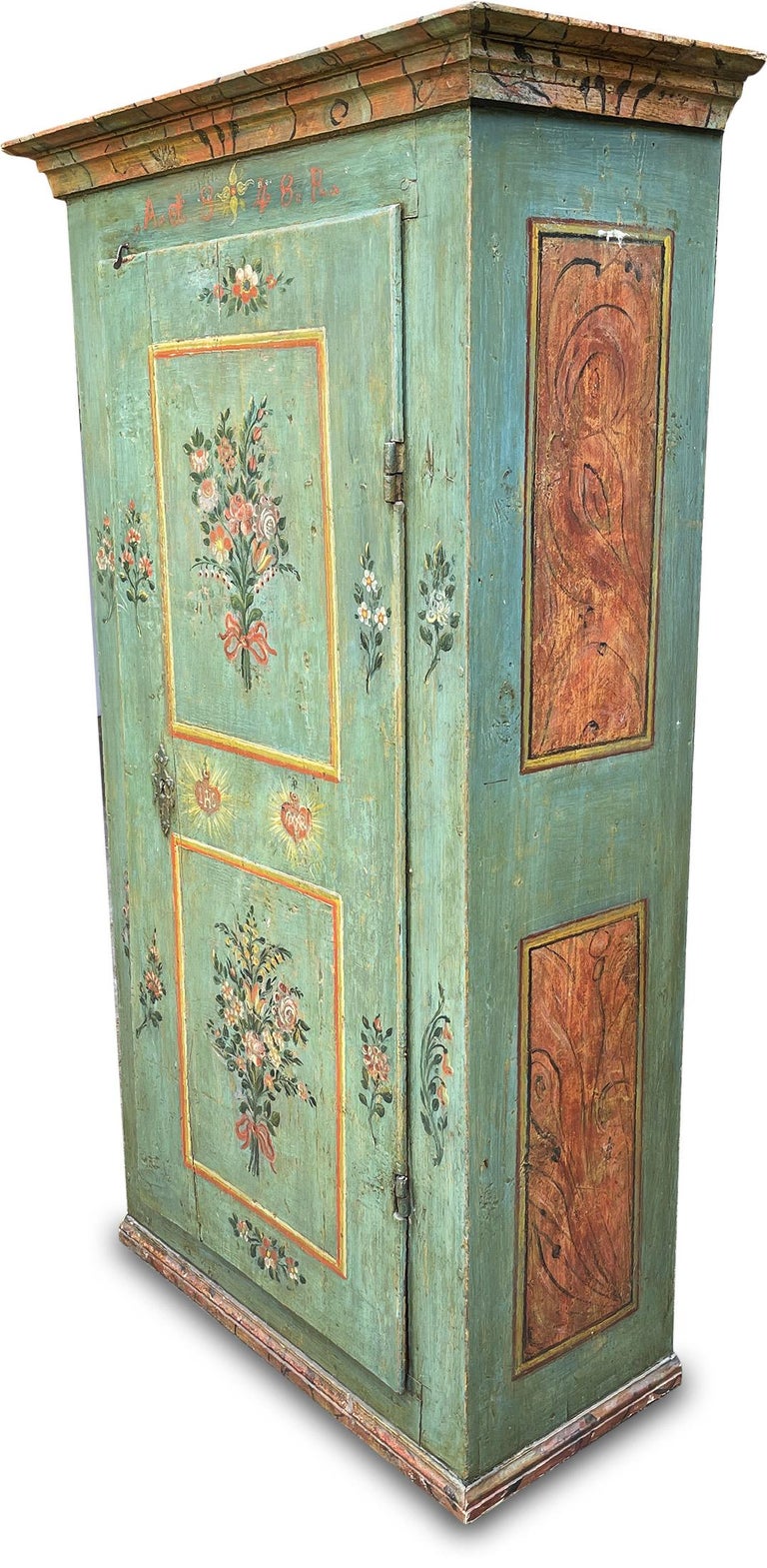 Folk Art 1843 Green Floral Painted Wardrobe, Dolomites Mountains For Sale
