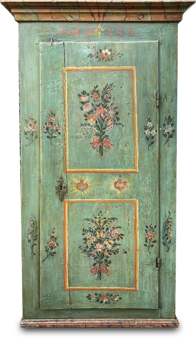 Italian 1843 Green Floral Painted Wardrobe, Dolomites Mountains For Sale