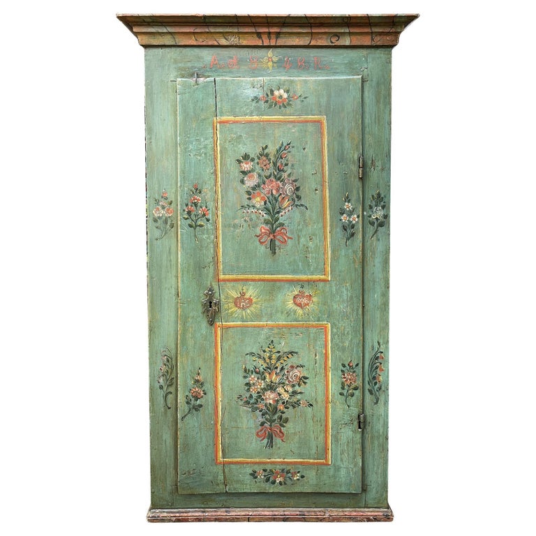 1843 Green Floral Painted Wardrobe, Dolomites Mountains For Sale