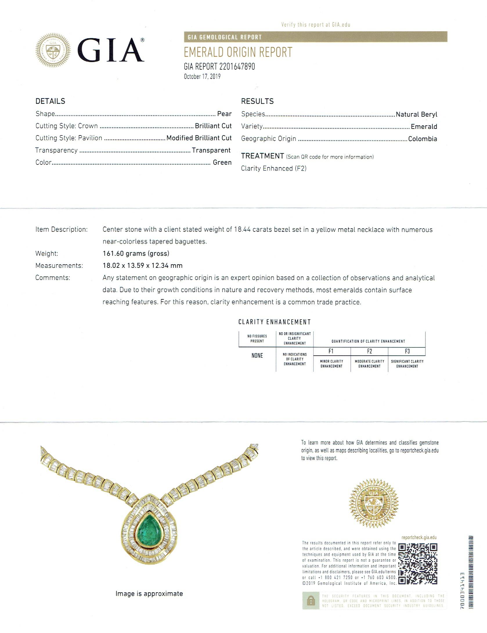 Pear Shape Colombian Emerald Necklace - 18.44 Carat - 18k Yellow Gold For Sale 1