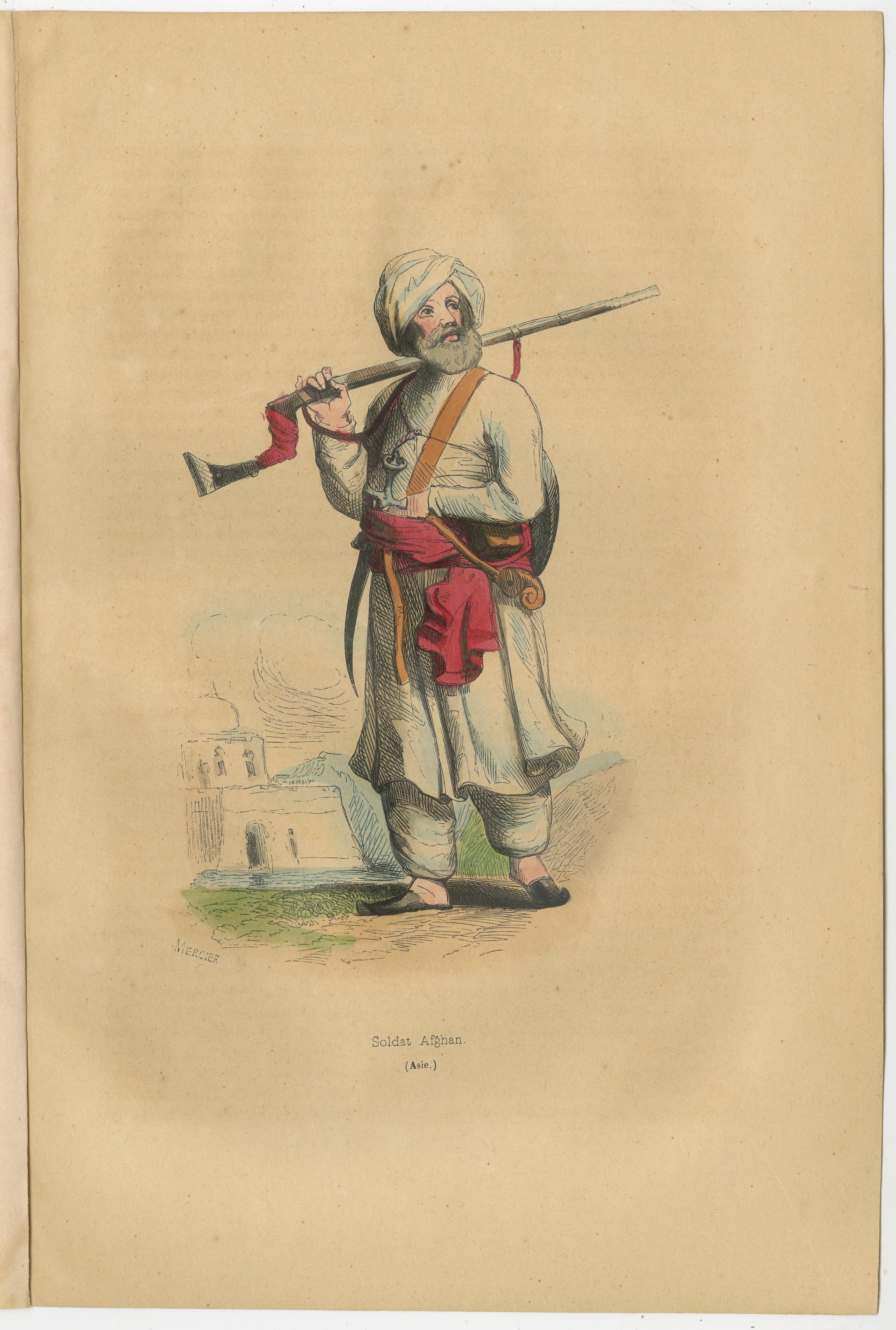 1844 Litografías coloreadas a mano de Soldado afgano y Suboficial indio en Bueno Estado en Langweer, NL