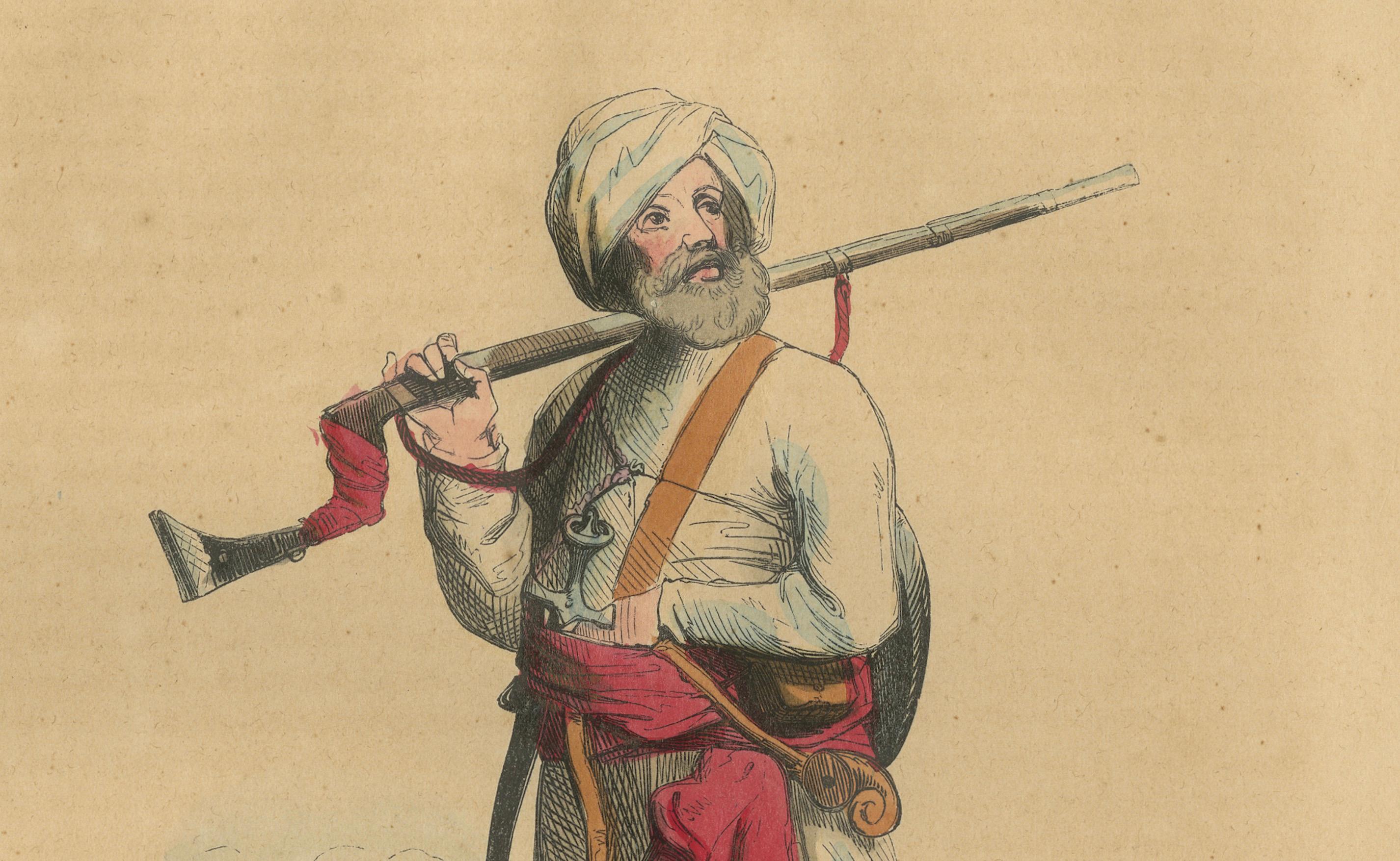 1844 Litografías coloreadas a mano de Soldado afgano y Suboficial indio Papel