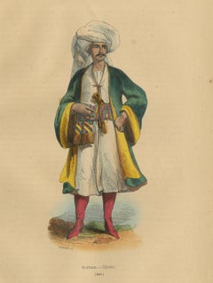 1844 Lithographie d'un Ouzbek de Boukharan : Attirements et Craft traditionnels