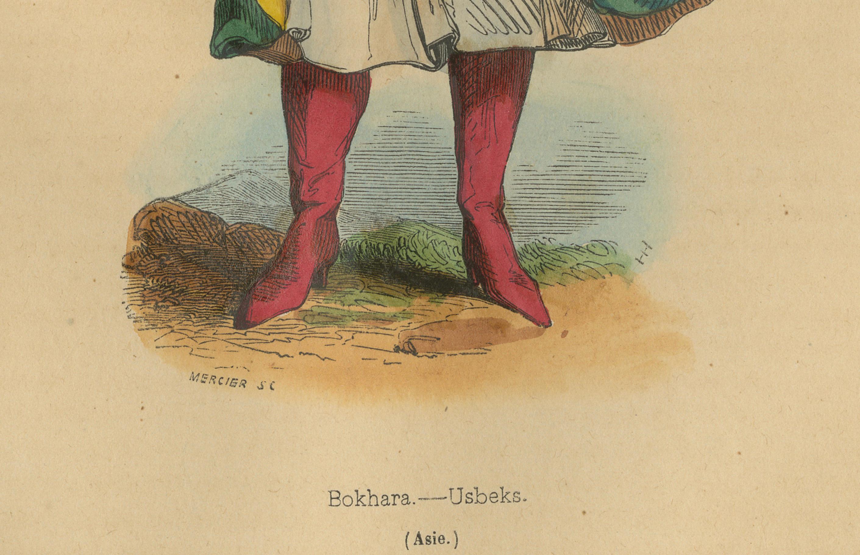 Litografía de 1844 de un uzbeko bukharan: atuendo tradicional y artesanía en Bueno estado para la venta en Langweer, NL