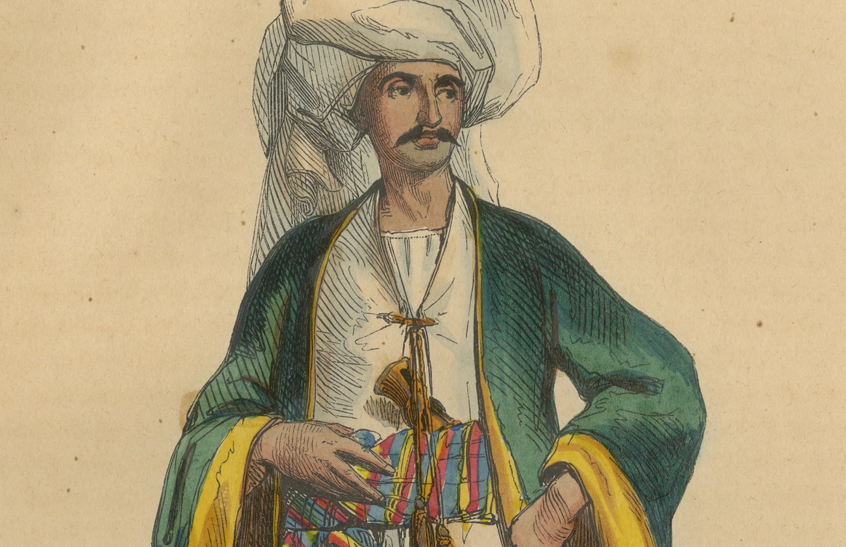 Litografía de 1844 de un uzbeko bukharan: atuendo tradicional y artesanía Mediados del siglo XIX en venta