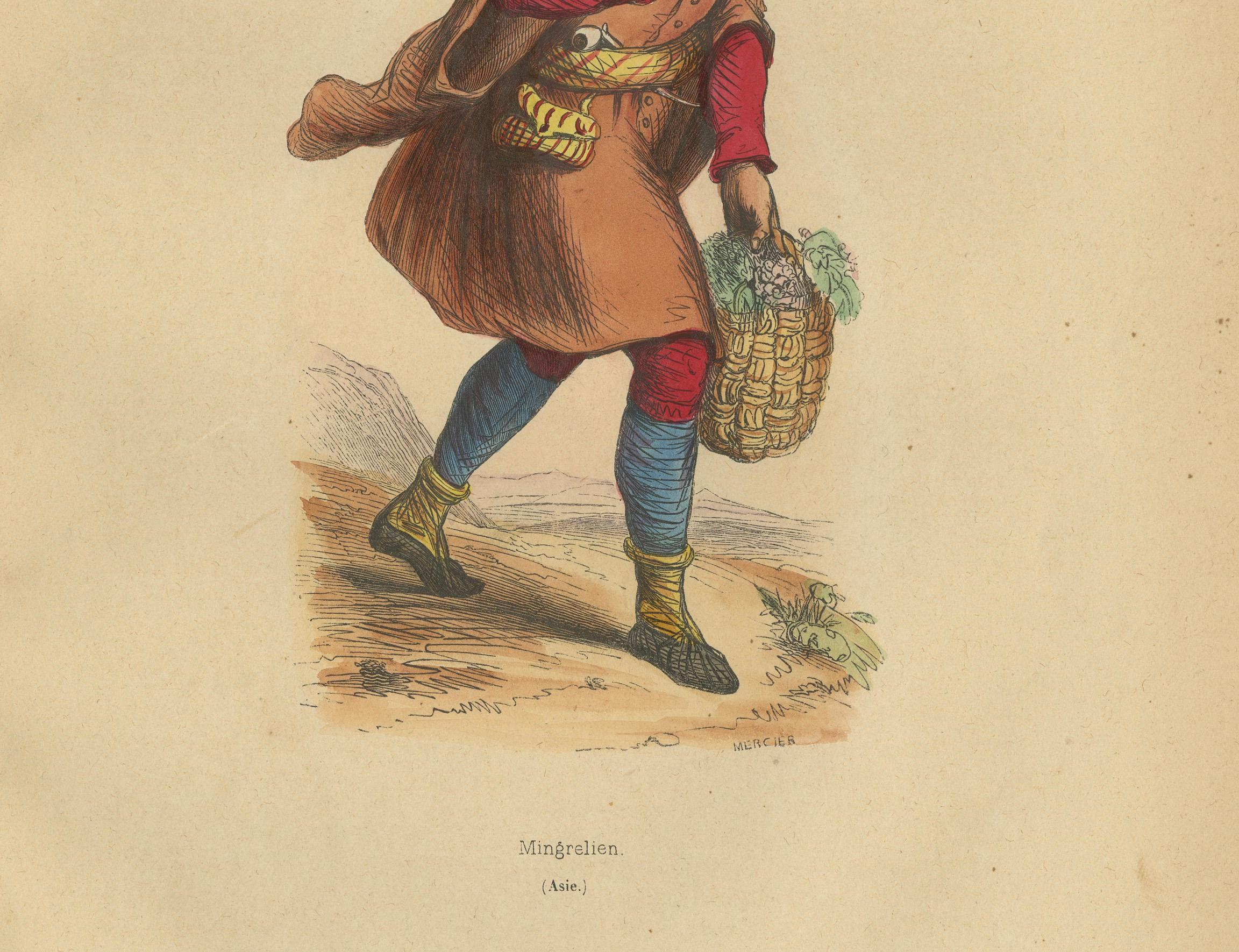 1844 Lithograph of a Mingrelian Man in Traditional Georgian Attire In Good Condition For Sale In Langweer, NL