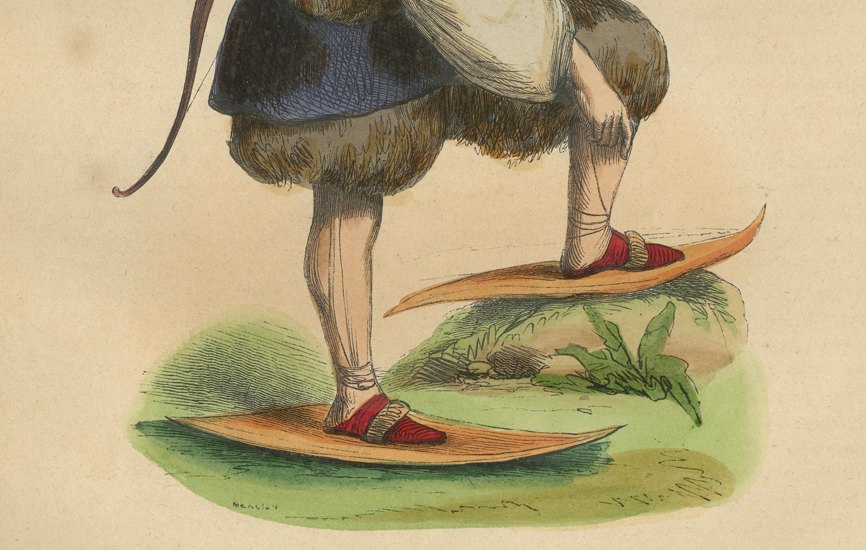 1844 Lithograph of a Samoyedic Archer in Traditional Winter Gear In Good Condition For Sale In Langweer, NL