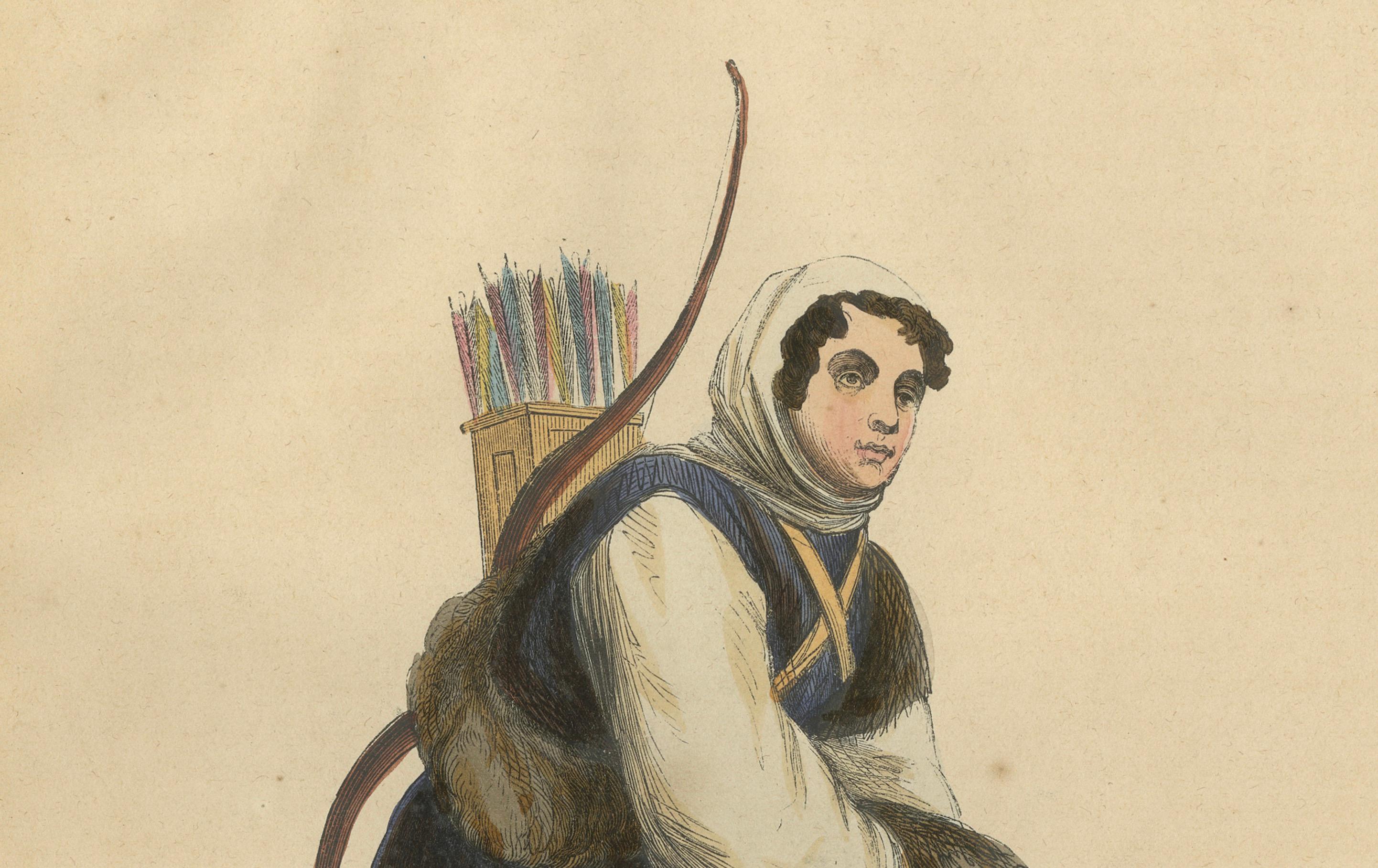 Mid-19th Century 1844 Lithograph of a Samoyedic Archer in Traditional Winter Gear For Sale