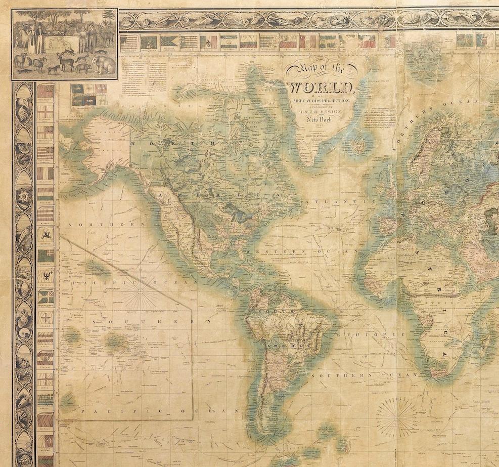 This 1844 large format world map is surrounded by several decorative elements including 91 flags of countries around the world, vignettes of the four continents depicting natives and wildlife, and an elaborate seashell border.

Cartographically, the