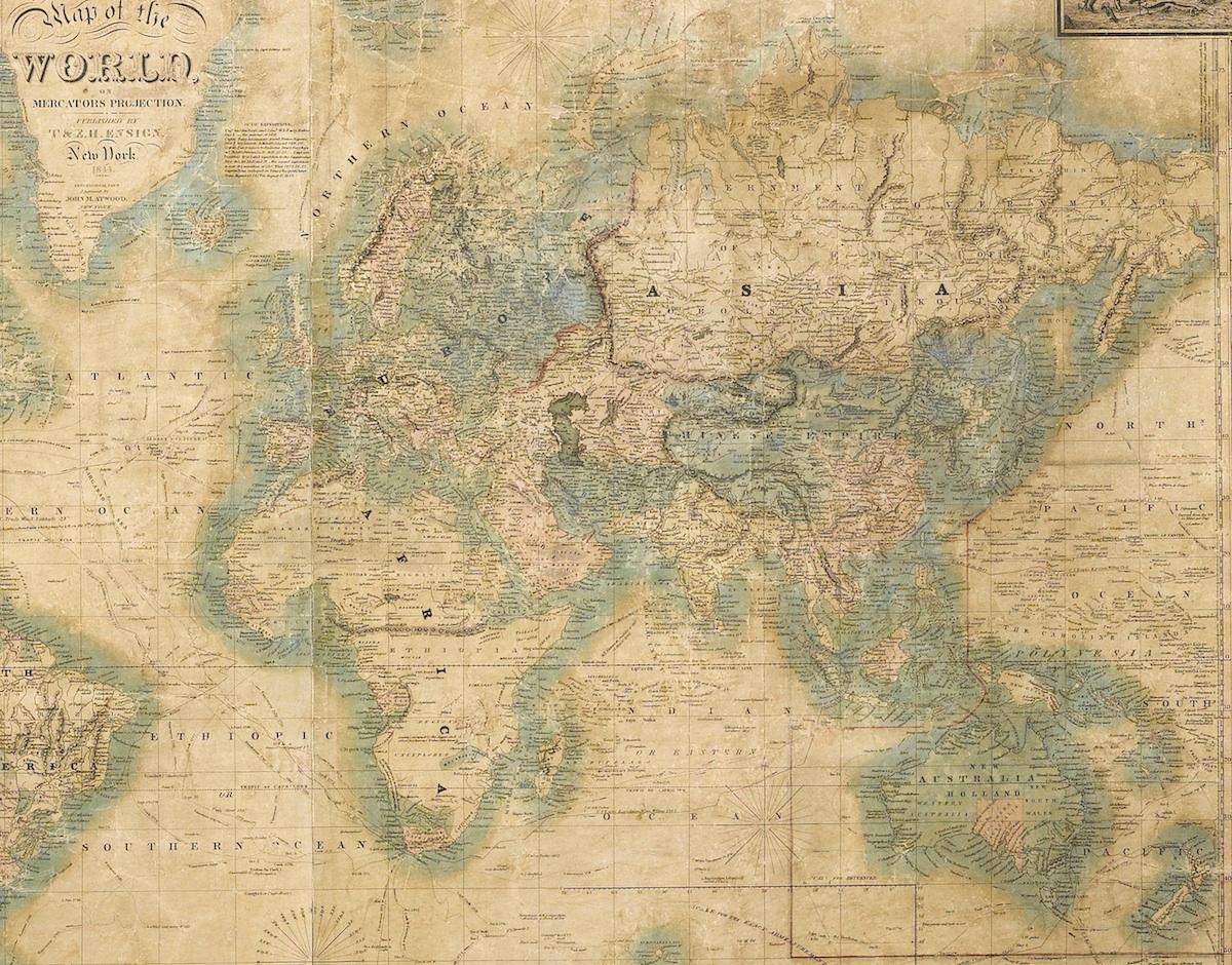 American 1844 Map of the World on Mercator's Projection by Atwood and Ensign, Antique Map