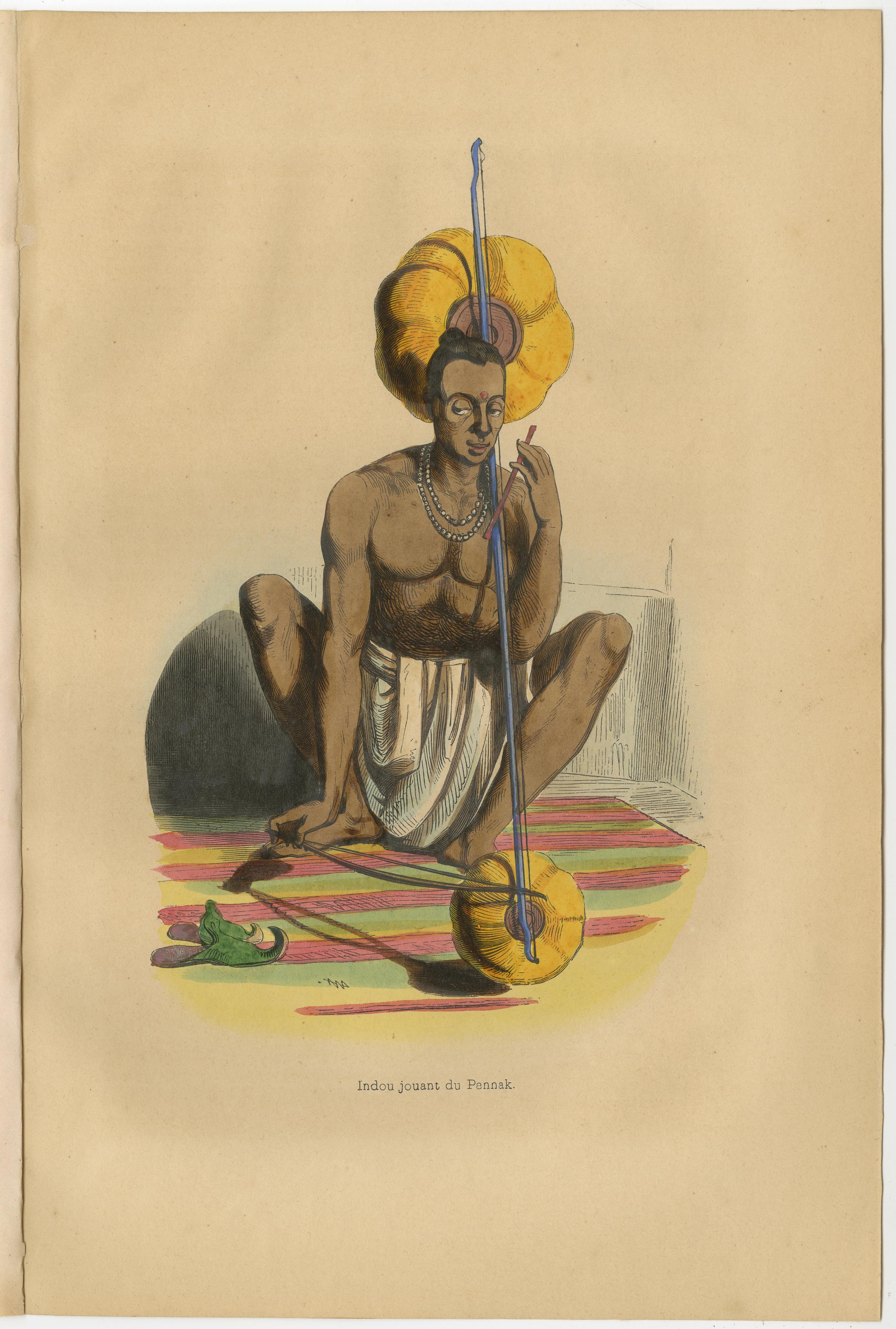1844 Vibrant Indian Cultural Prints: Musician and Dancer Lithographs In Good Condition For Sale In Langweer, NL