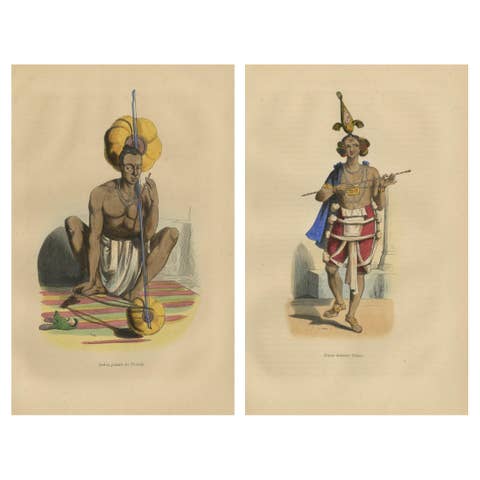1844 Vibrant Indian Cultural Prints: Musician and Dancer Lithographs