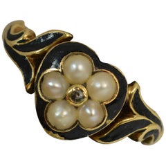 1844 Victorian 18 Carat Gold Enamel Pearl Diamond Heart Mourning Ring 1844 Victorian 18 Carat Gold Enamel Pearl Diamond Heart Mourning Ring