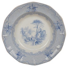 Assiette anglaise ancienne en grès bleu de J Clementson Tessino de 1846, 25,4 cm