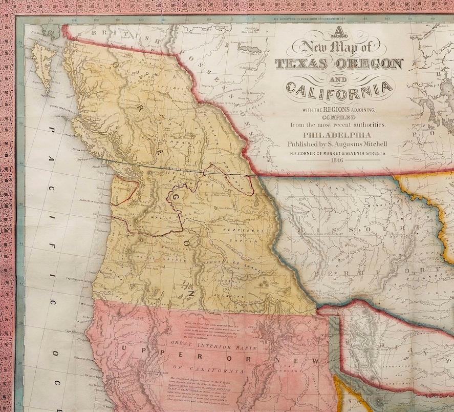 This is a finely colored example of the 1846 version of Mitchell's seminal map of Texas, Oregon Territory, California, and the Transmississippi West. Published in 1846 from Philadelphia, Mitchell's map of the West was one of the first large-format