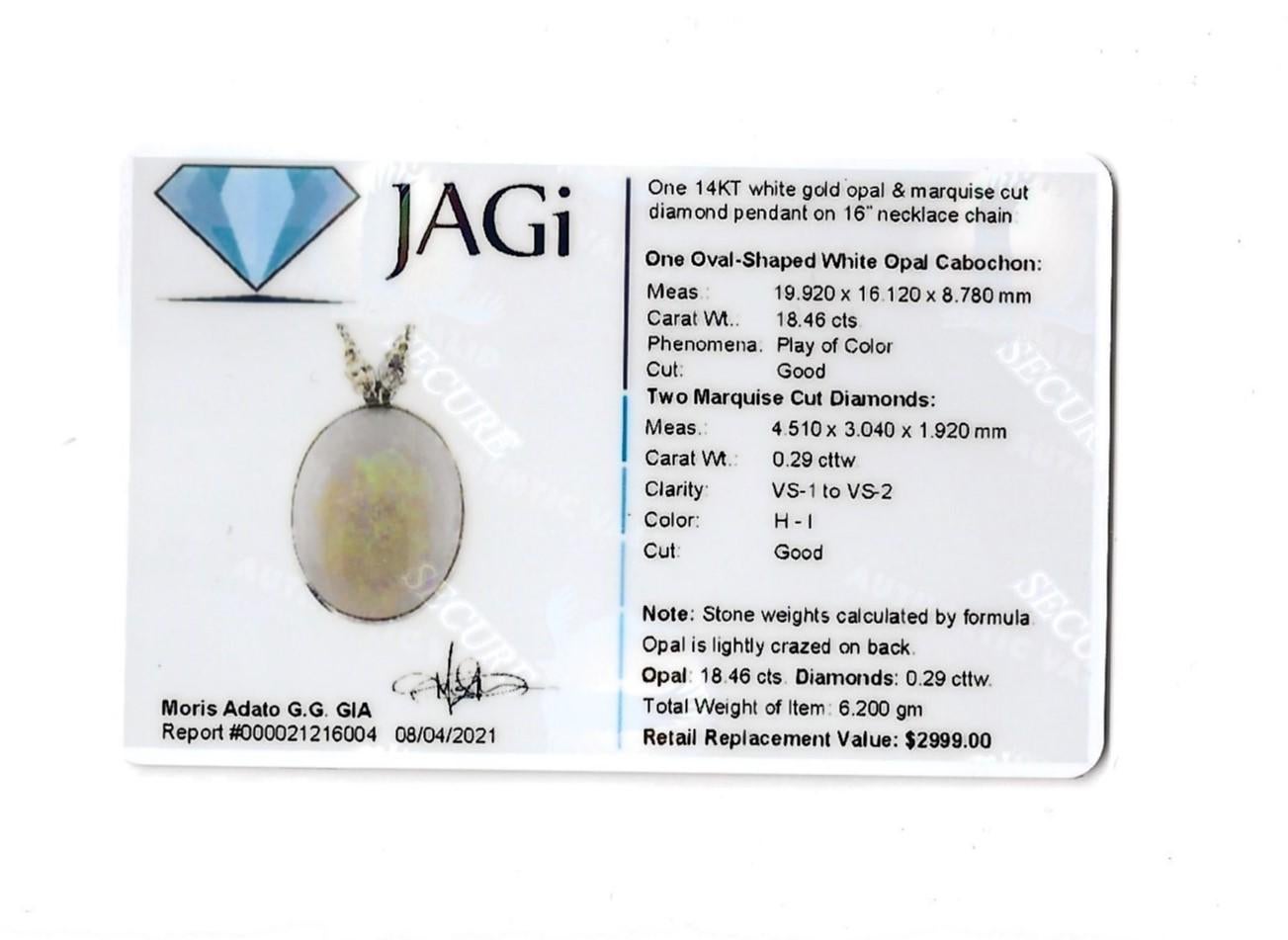 18.46 Carat Opal Pendant Necklace with Marquise Diamonds in 14 Karat White Gold For Sale 6