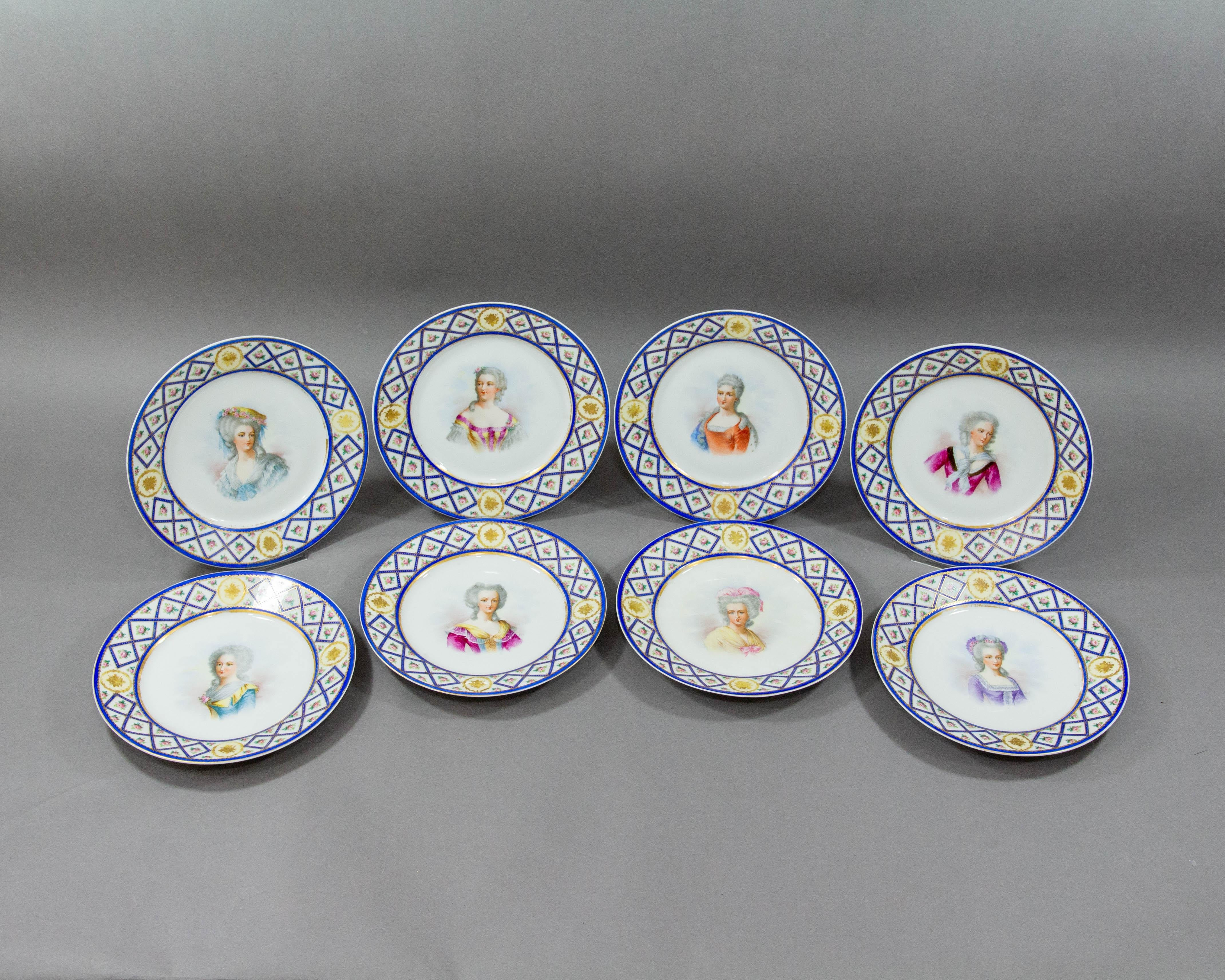 An important set of 8 portrait plates made by Sèvres in 1846. The set was decorated at Chateau des Tuileries.

The plates are hand painted with portrait of notable French ladies. The rims have been decorated with blue bands, gilding and hand