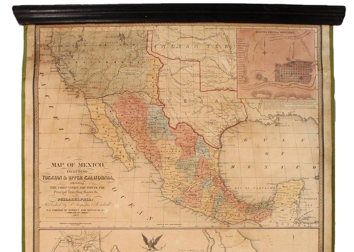 Voici la deuxième édition de la carte du Mexique, y compris le Yucatan et la Haute-Californie, de Samuel Augustus Mitchell, une carte importante montrant l'évolution de la guerre mexico-américaine. Publiée en 1847, cette édition est révisée avec des