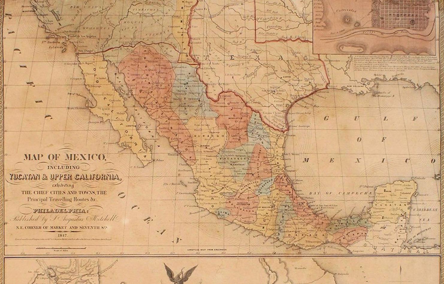 Antike Karte von Mexiko, Texas und Kalifornien aus dem Jahr 1847 von Samuel Augustus Mitchell im Zustand „Gut“ im Angebot in Colorado Springs, CO