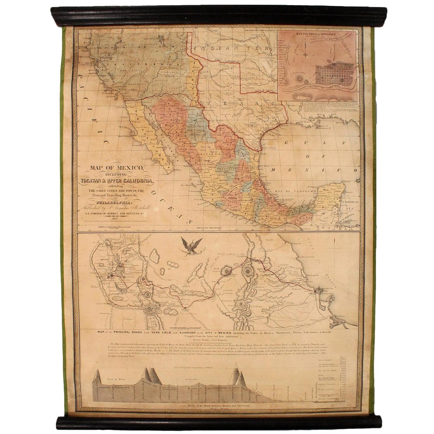 1847 Antique Map of Mexico, Texas and California by Samuel Augustus Mitchell For Sale