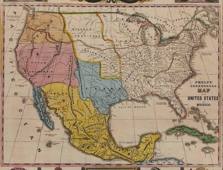 1847, Antique Ornamental Map of the United States and Mexico by H ...