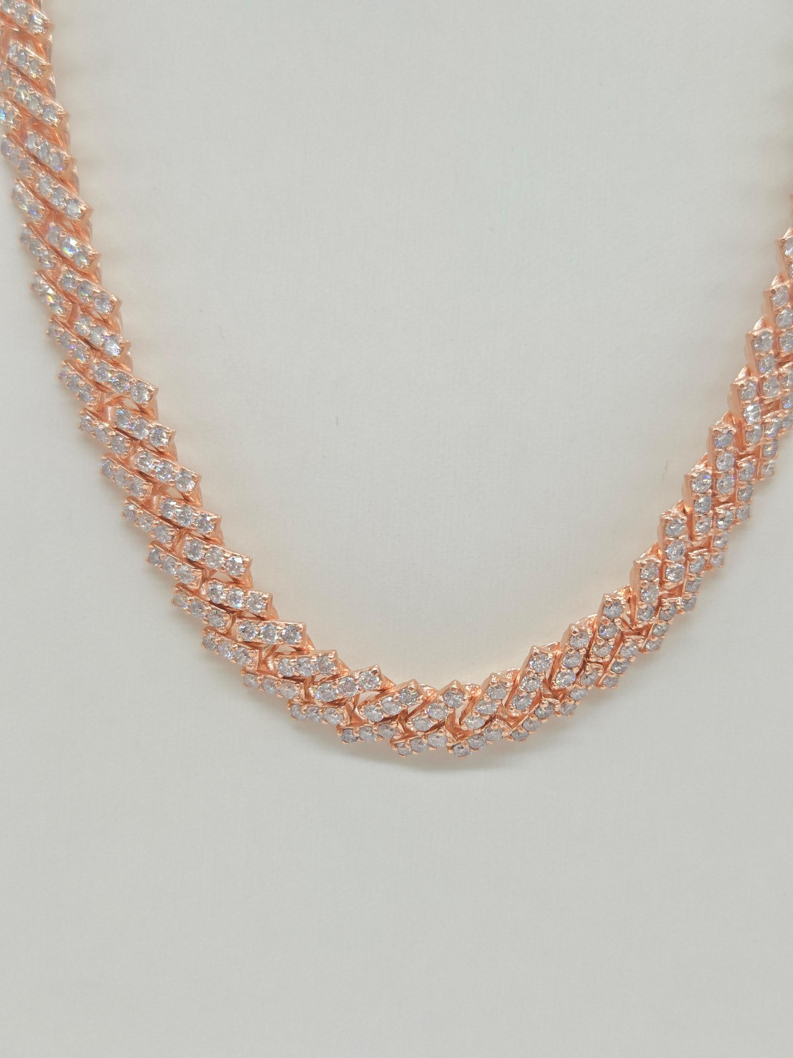 Round Cut 18.47 Carats Natural Diamonds Cuban Necklace Chain 10 Karats Rose Gold 18'' For Sale