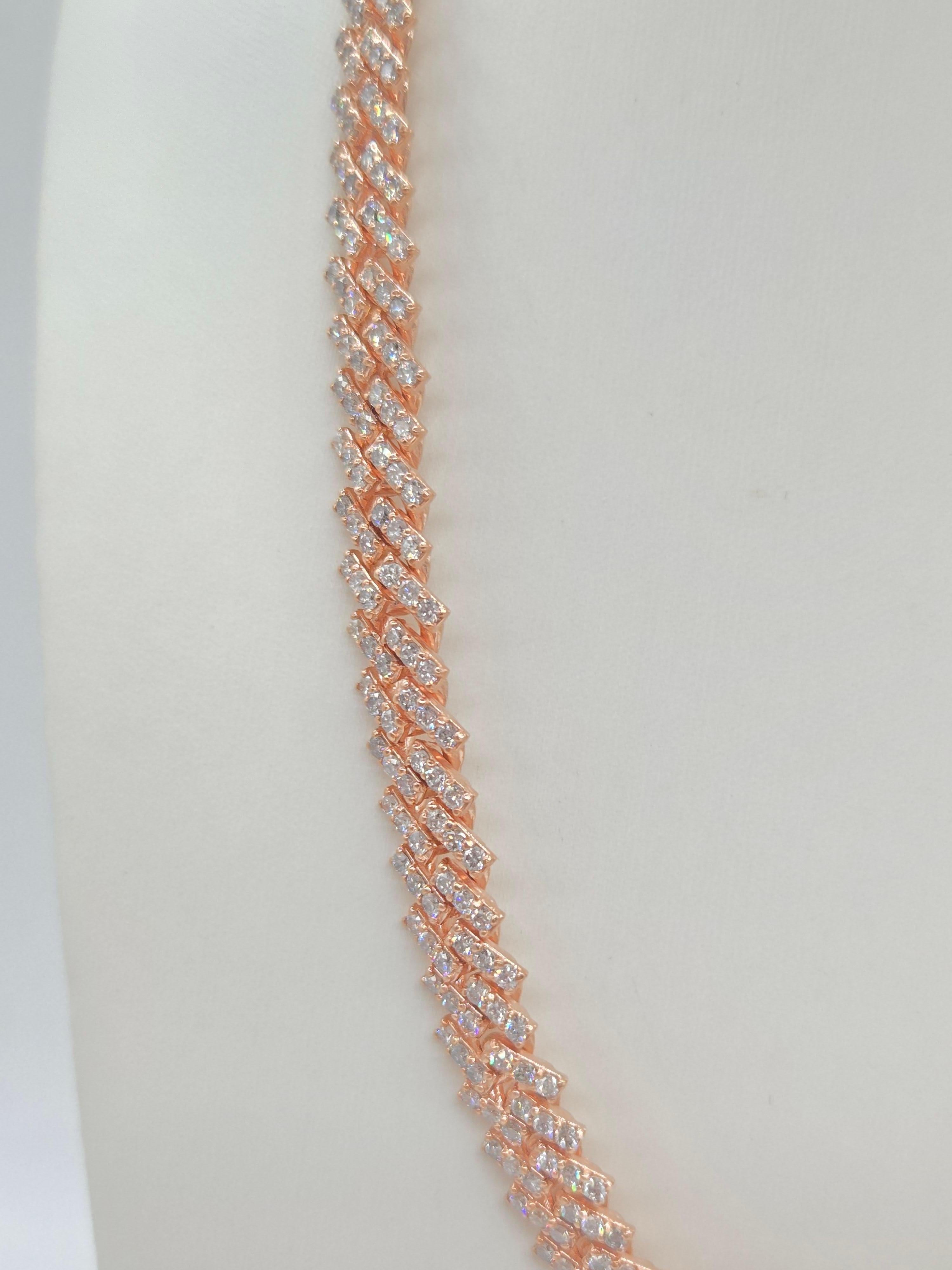 Women's or Men's 18.47 Carats Natural Diamonds Cuban Necklace Chain 10 Karats Rose Gold 18'' For Sale