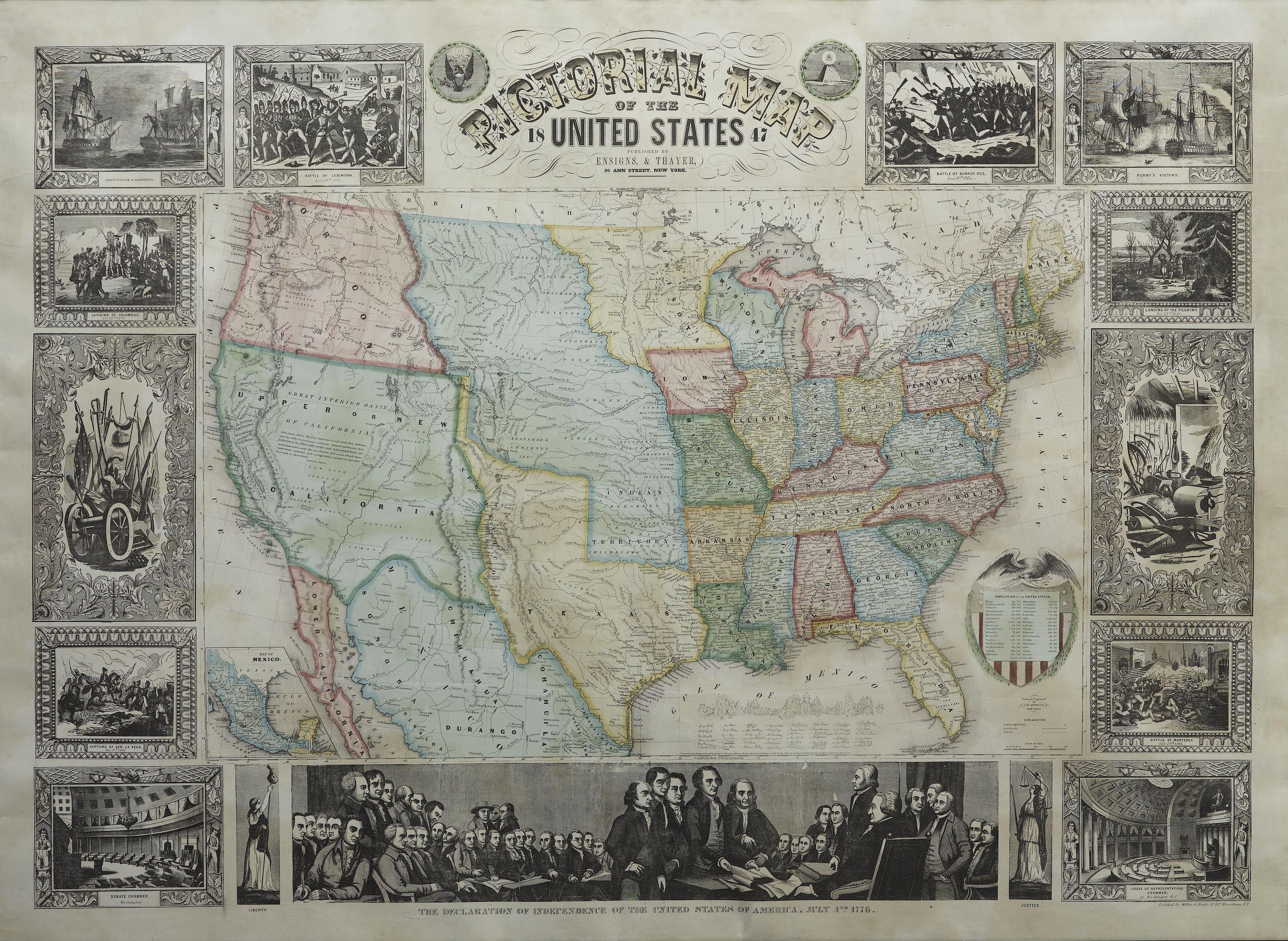 Offered is a scarce map of the United States and Mexico by Ensign and Thayer. This pictorial map features a unique view of the U.S. with exquisite hand-coloring and well-defined territory borders. The map is one of the few to identify San Francisco