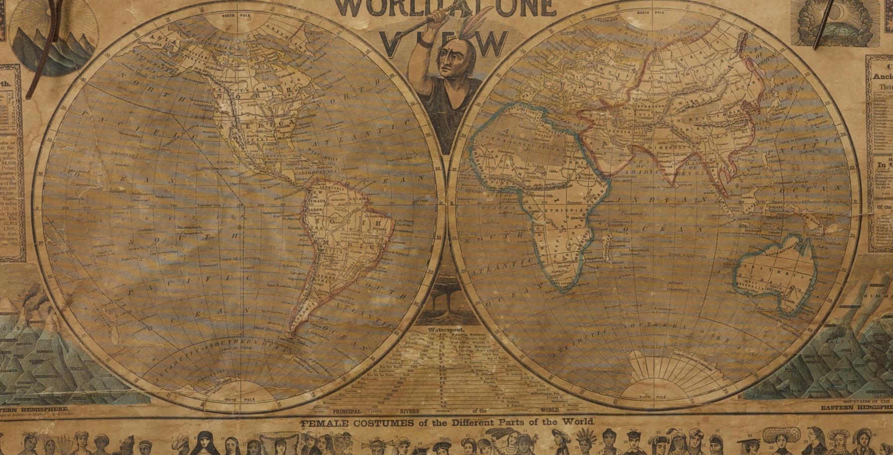 Américain Carte murale ancienne colorée à la main du monde, World at One View, 1847
