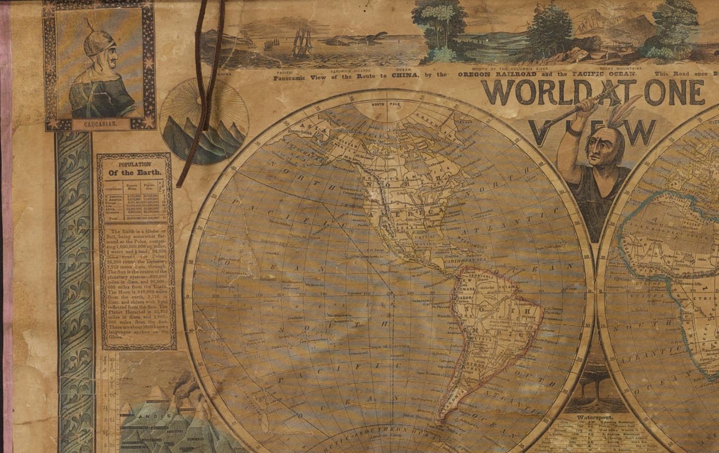 1847 „ World at One View“ Antike handkolorierte Wandkarte der Welt, 1847 im Zustand „Gut“ im Angebot in Colorado Springs, CO
